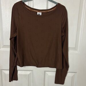 NIKE Women's Brown Long Sleeve Top All over Nike swoosh design size LARGE